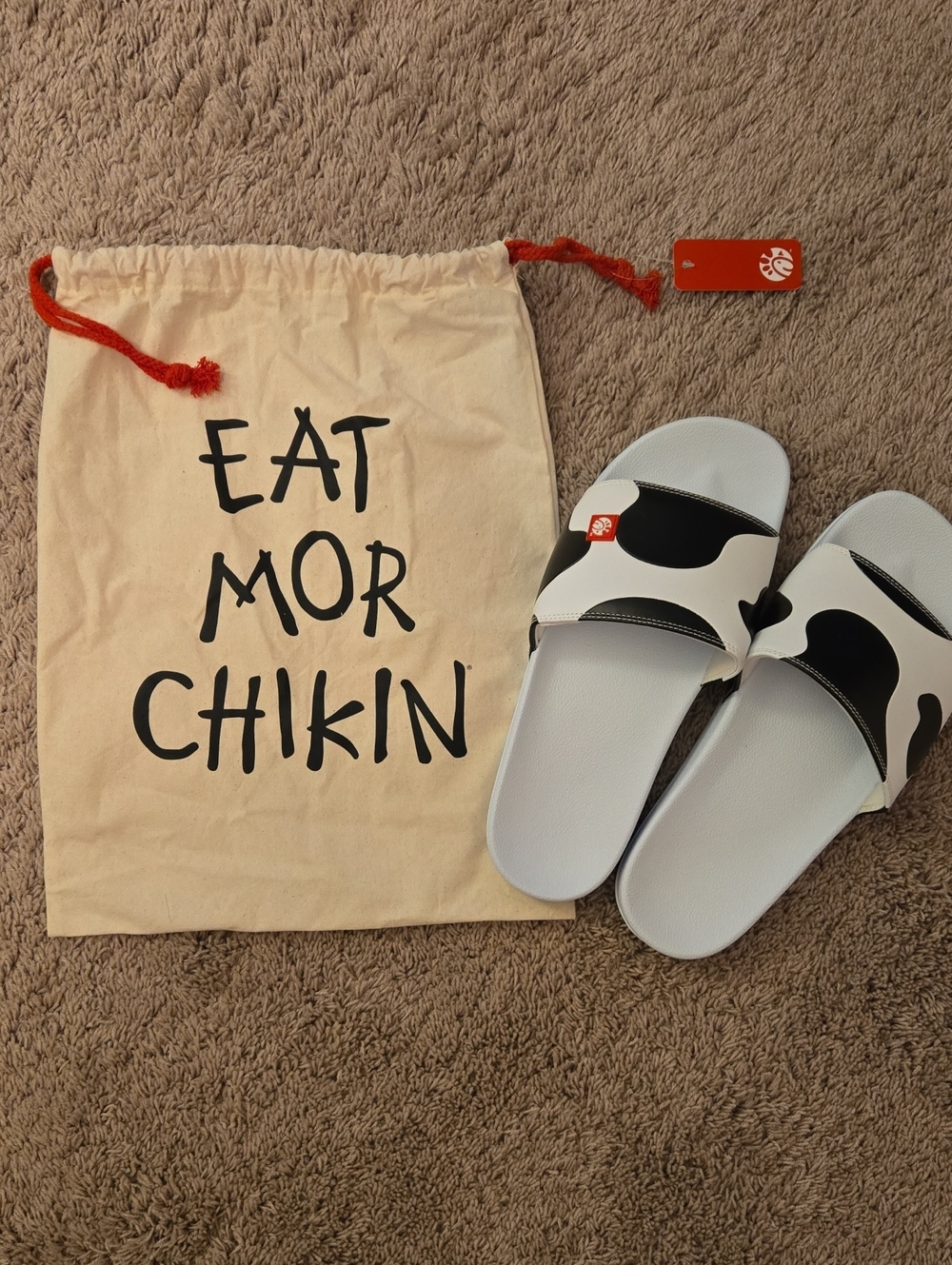 Brand New Chickfila CFA Cow Slide Sandals With Drawstring Bag